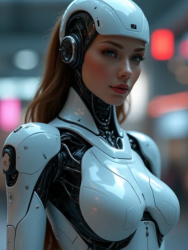 (masterpiece,UHD, photorealistic. Medium full shot.low angle shot )an ultra hot gorgeous android robotic woman. Age 23. Wires.leds.neons. Large breast.