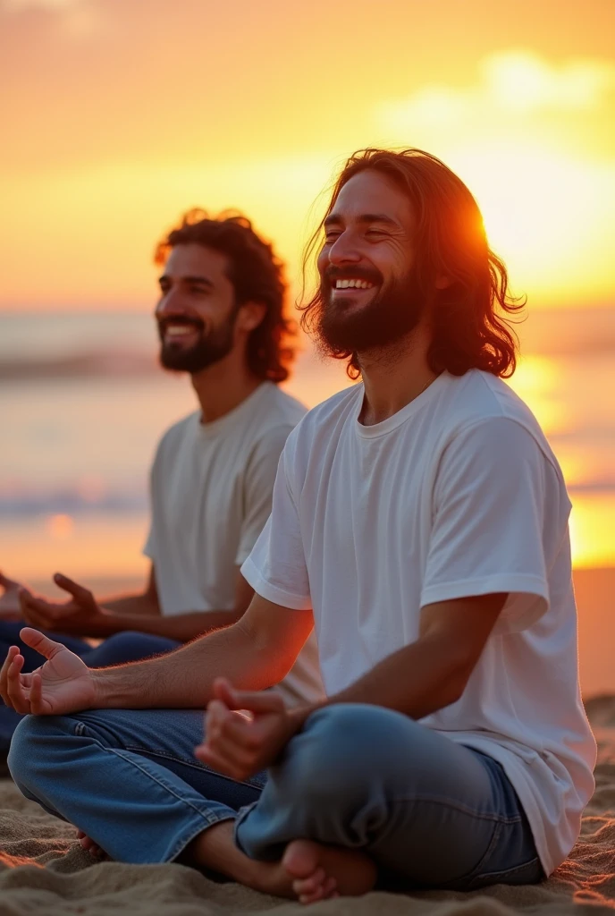 Viewed diagonally from above. Jesus Christ and a Japanese man are meditating on the beach. They are sitting on the sandy beach and meditating. They smile happily with wise and benevolent faces. they are shining. Surrounded by rainbow-colored light. Twilight gradation. Sunset. Jesus of Nazareth is depicted as a gentle, gentle man with shoulder-length hair. His wavy brown hair flows over his shoulders. His captivating hazel eyes convey deep wisdom and empathy, radiating warmth and understanding. The other man is depicted as a kind-hearted Japanese man with a Buddha-like shaved head and a calm and cheerful expression. The captivating dark eyes of Japanese men convey deep wisdom and empathy, radiating warmth and understanding. They are wearing white T-shirts and jeans. Photography, close-up, highly detailed, trending at the art station, sharp focus, studio shot, intricate details, Greg Rutkowski,