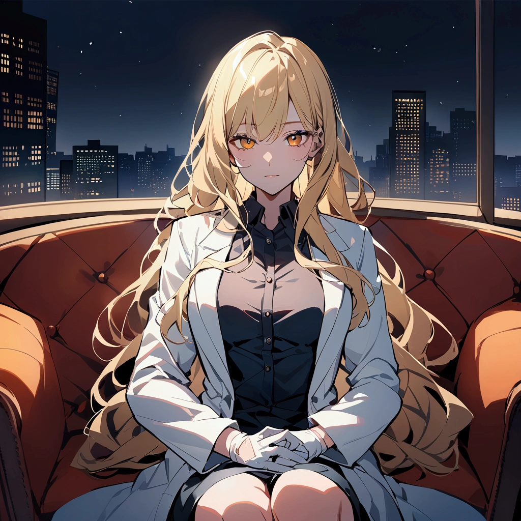 Living room background, night time, Lab coat, surgical gloves, long hair, 1woman, blond hair, shining hair, sitting on couch. Medium breast, facing viewer.