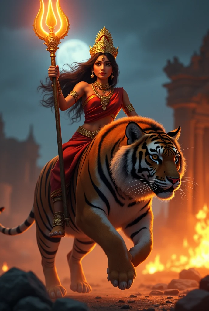cinematic animated character art, shillouete of a woman dressed as godess durga in saree, riding a tiger , focused expression, wearing golden crown and holding a glowing trident, village set on fire in background, temple ruins, Chaos, moonlit night lighting, colour graded, vibrant, realism, 4khd