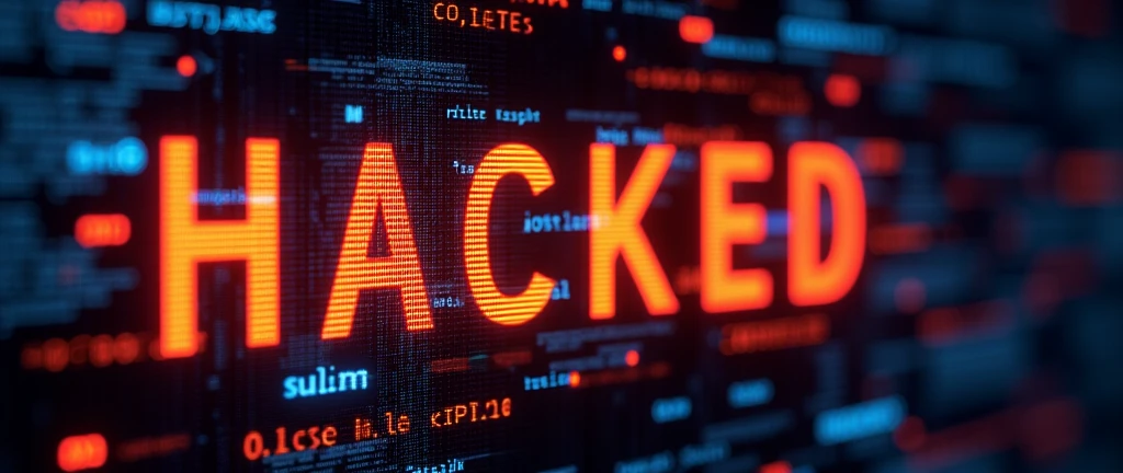 The words "the system is being hacked" appeared on a digital screen against a background of data flows and code in the style of an orange, dark blue and red color scheme evoking a tech aesthetic. The 3D rendered image had high resolution photography with sharp focus and professional lighting resembling a studio setup typically used for stock photos
