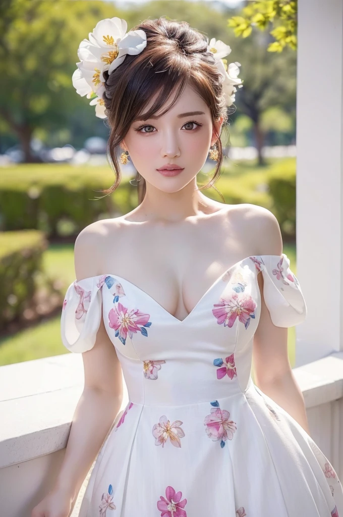 1 female, Updo, (Ultra Realistic, High resolution), (Highly detailed eyes, Highly detailed hair, Highly detailed face, Highly detailed plump lips), (off shoulder with open chest), chest, Upper Body, Looking for a Smile, (Highest quality:1.4), RAW Photos, (Realistic, photo-Realistic:1.37), Professional photography, Cinematic Light, (Beautiful Face: 1.2),(((White fabric with floral pattern dress 1.5)))、High Leg、Mid shot photo 1.4、(((小さいchest1.5)))、(Slender body type 1.2)、Bedroom、Place your right hand over your mouth、