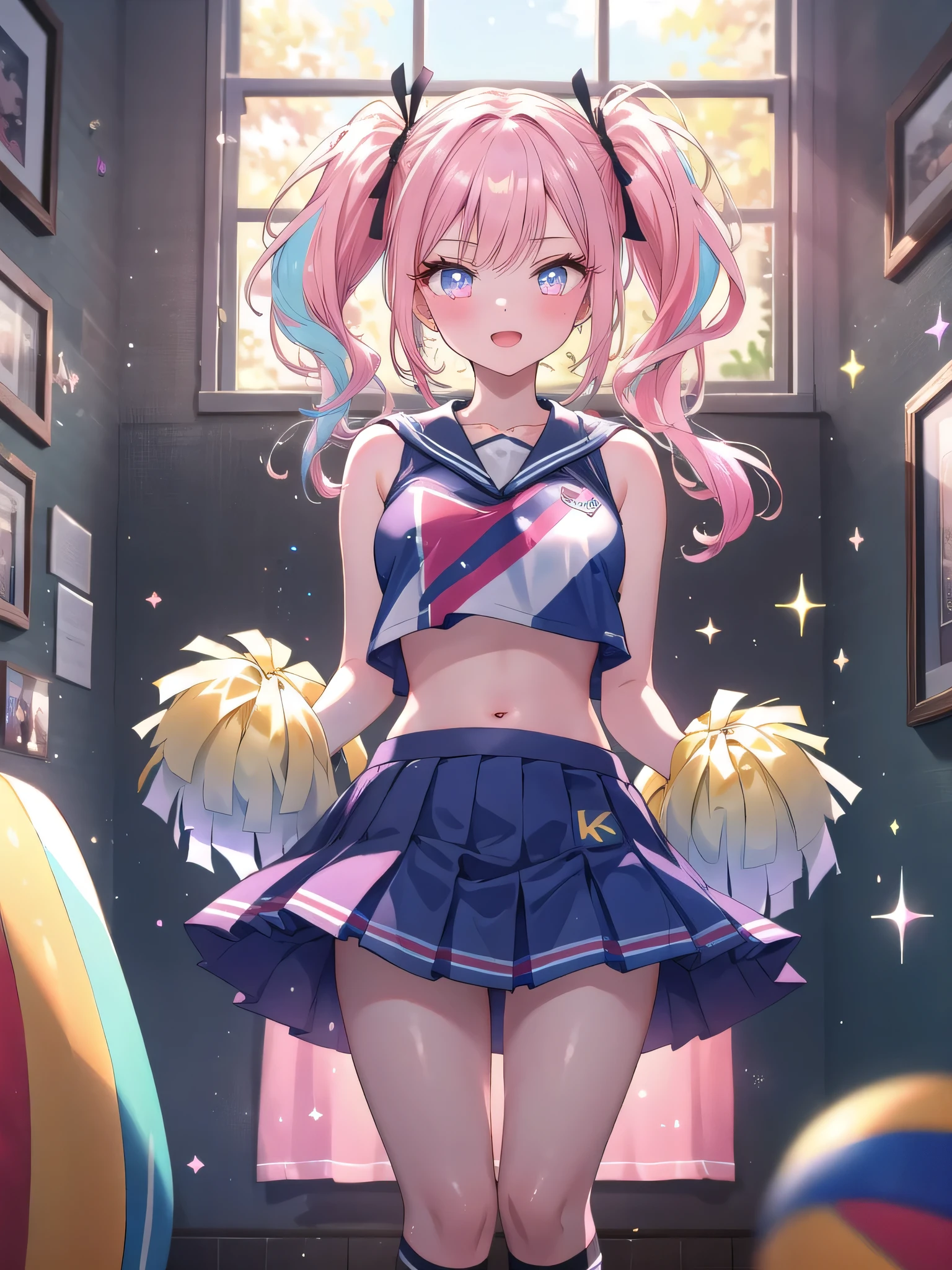 ((8k, Highest quality, masterpiece: 1.3)),Ultra-high resolution,(1 girl, alone), (Color changing eyes, Ultra-detailed, Expressive brilliance, Glitter, Glowing Eyes), Highly detailed eyes, Highly detailed face, Random Hair, ((pastel colour)),A playful young woman with pastel pink hair styled into twin pigtails, standing in front of her full-length mirror in her cozy bedroom during the late afternoon. She is dressed in a sexy cheerleader cosplay, wearing a tight-fitting crop top with a pleated skirt, thigh-high socks, and a pair of pom-poms. The camera captures her from a frontal angle as she strikes a playful pose, her expression full of energy and flirtation. The room is brightly lit with natural sunlight streaming in, with a few sports posters on the walls, and a soft carpet beneath her feet, creating a lively and fun atmosphere.