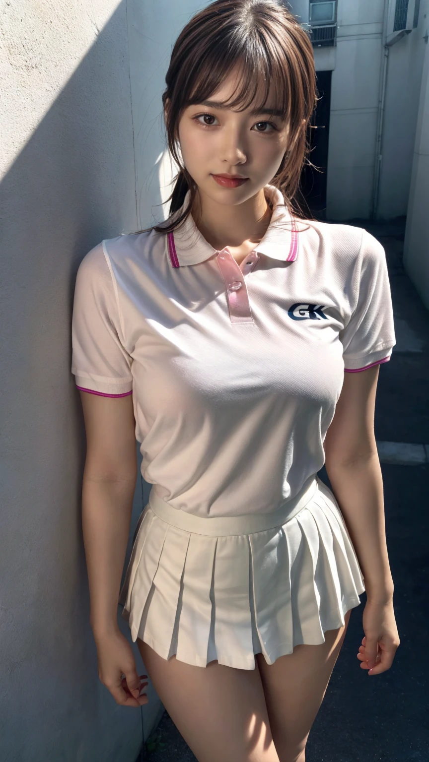 (absurdres:1.3), (highres:1.3), (ultra detailed:1.3),(1girl:1.3), (extremely detailed CG unity 8k wallpaper:1.3), (detailed skin texture, detailed cloth texture, detailed hair texture), (beautiful detailed face, supermodel, pale skin, realistic glistening skin), (RAW photo, best quality), (realistic, photo-realistic:1.4), masterpiece, extremely delicate and beautiful,Amazing, finely detail, extremely detailed CG unity 8k wallpaper, huge filesize, ultra-detailed, highres, absurdres, soft light,rim light, vibrant details, hotel room, straight hair, large breasts, black hair color, Big Natural Color Lip, (perfect body shape), beautiful legs, BREAK (white theme:1.4), (tucked-out short sleeve white polo shirt:1.4), (pink lines on tops outline:1.3), (pure white pleated mini skirt:1.3), (hem of top covers top half of skirt:1.3), (pink fluffy scrunchie on wrist:1.3), (white and pink sports shoes:1.2), crying a little、little smile, Harajuku style、20 year old girl、cute type、ta、standing