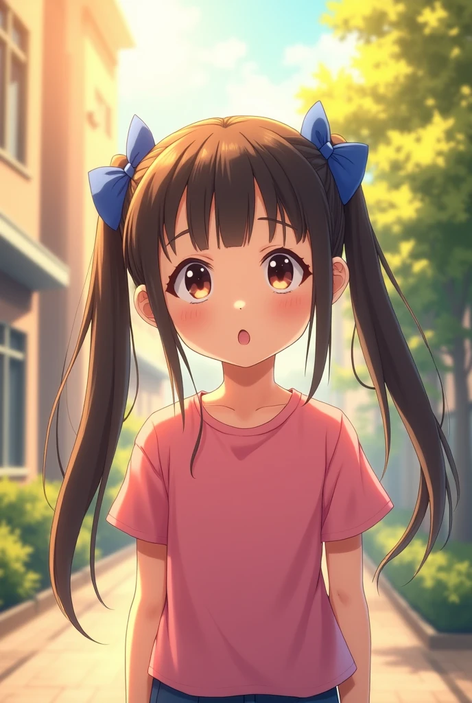 One sunny afternoon at school, There was a girl with black hair tied with a blue bow on both sides and wearing a pink shirt.