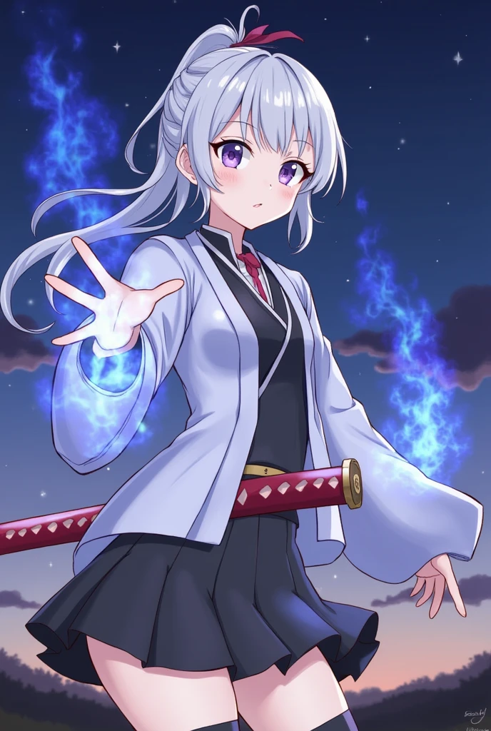 1girl, ,full body, japanese clothes, ponytail ,white hair, purple eyes, blue fire, blue flames, wallpaper, landscape, depth of field, night, light particles, light rays, sidelighting, thighs, fate \(series\), genshin impact, ****, open jacket, skirt, thighhighs, cloud, red katana, big backgroun