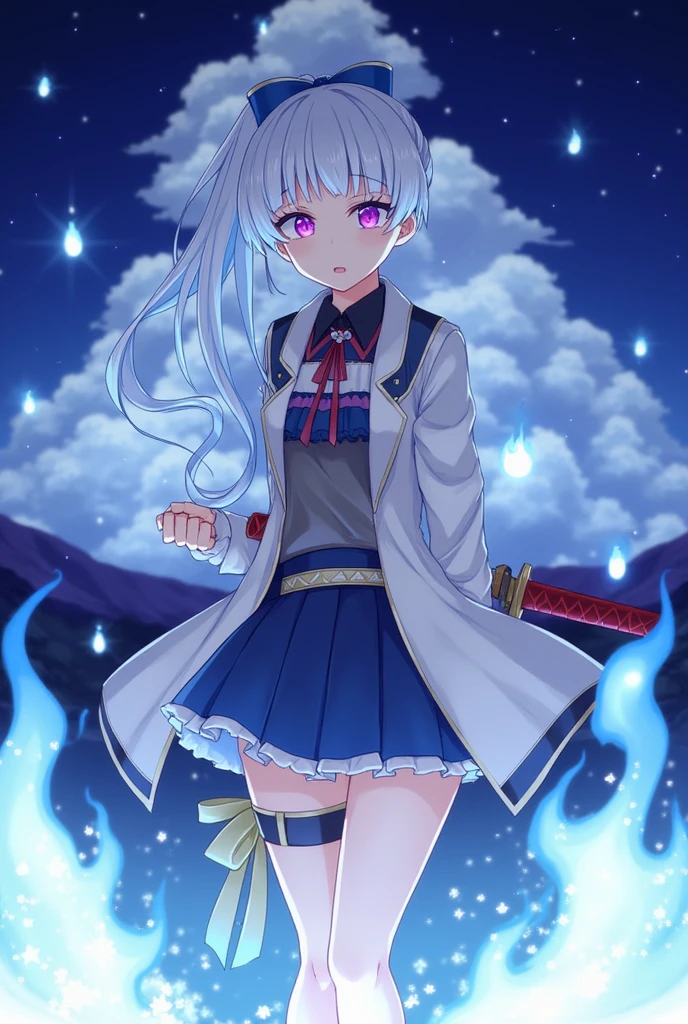 1girl, ,full body, japanese clothes, ponytail ,white hair, purple eyes, blue fire, blue flames, wallpaper, landscape, depth of field, night, light particles, light rays, sidelighting, thighs, fate \(series\), genshin impact, ****, open jacket, skirt, thighhighs, cloud, red katana, big backgroun