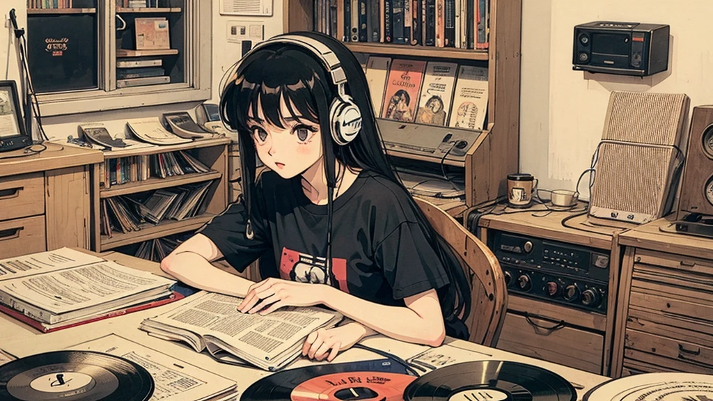 1 girl, Blue Long Hair, 80s anime style, I have headphones on, coffee, Retro, Lo-Fi,A stylish room filled with records, Wearing a short-sleeved T-shirt,