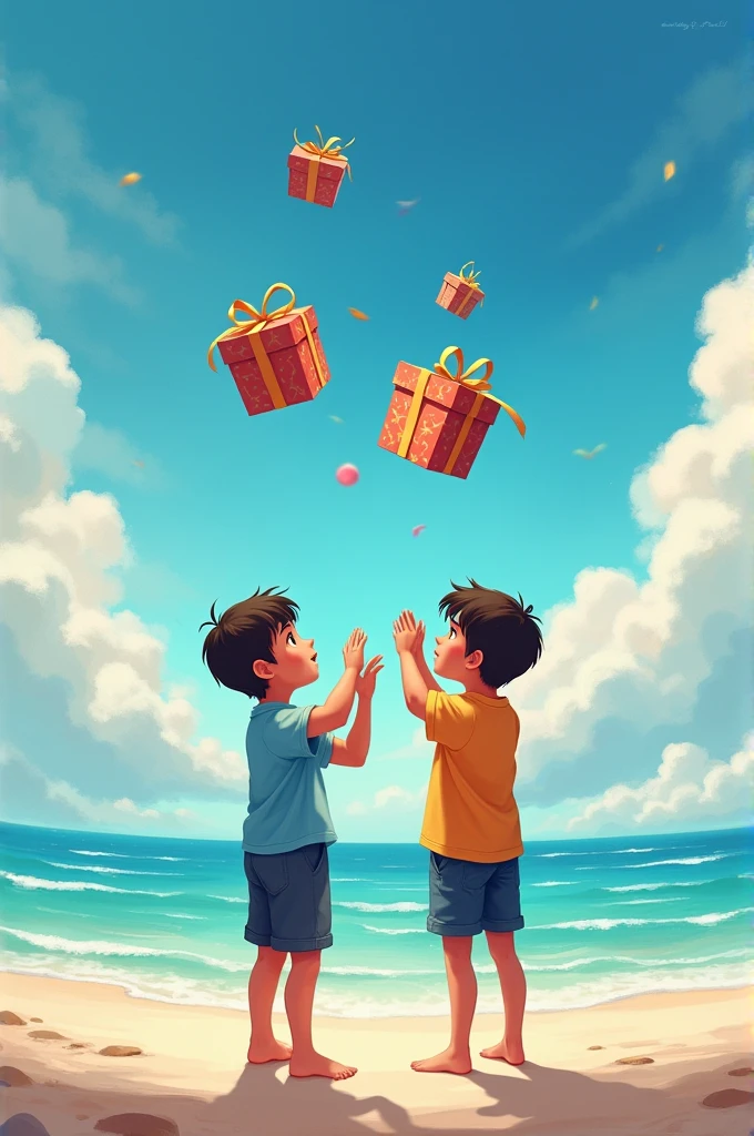 A couple of boys will be standing on the beach with gift boxes in their hands. The sky will be very beautiful. The gift box will float in the sky