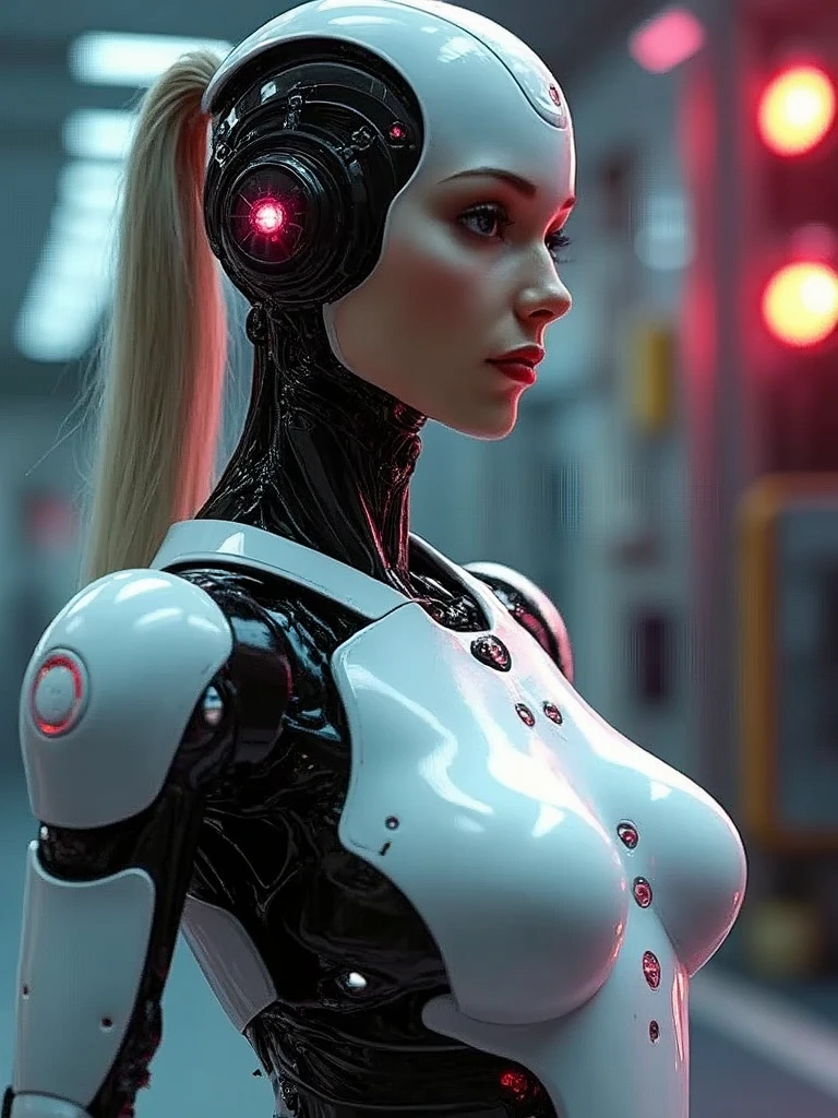 (masterpiece,UHD, photorealistic. Medium full shot.low angle shot )an ultra hot gorgeous android robotic woman. Age 23. Wires.leds.neons. Large breast.