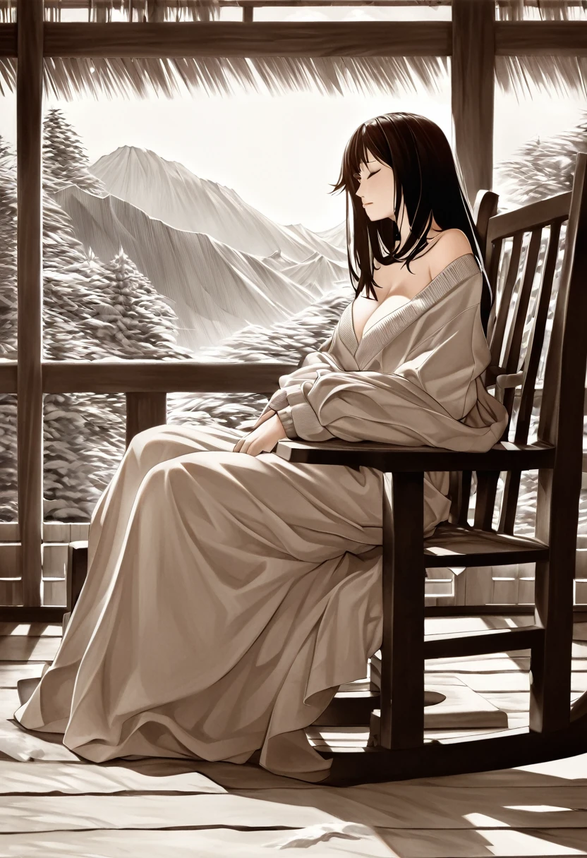 fusion of watercolors and oil paintings, fusion of paper cutting and shadow puppetry, mix of monochrome and sepia color, beautiful woman with messy rolled hair, dozing in rocking chair, loose baggy sweater, fluffy long skirt, mountain hut, shading effects, gradation magic effects, (ultra detailed, absolutely resolution, best quality:1.3), 2.5D, delicate and dynamic, artistic photography, hyper realistic, graphic CG digital art