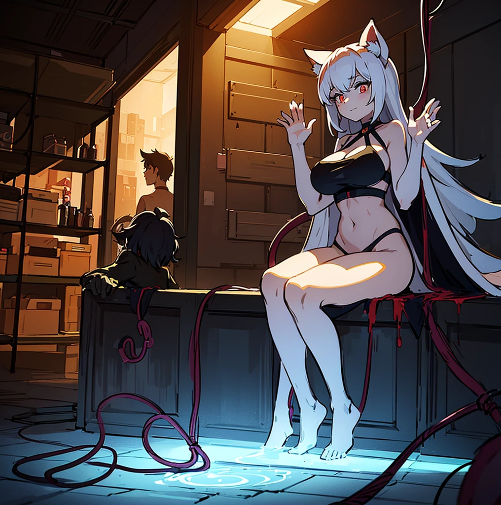 a cat girl is sitting in a large warehouse with many windows in the background and an electric wire and wires hanging up from the ceiling, next to a character standing in front of a door and posing for a picture while holding a gun with a glass of beer in it, a sketched lady with cats ears holding her hand up to the sky and waving at someone, two women touching each other and two men in the background looking down and behind them, a woman standing on her stomach with bloody blood coming out the bottom, a sexy skeleton zombie in the dark holding glowing balls in his hand with three different spell behind her is speech bubble, a woman in a bikini on the floor with no clothes on, two women with black and white art in the background one woman has her hand up, bathing suit standing at, a female character dressed in a robot suit with no panties, a girl is shown wearing a cape and stockings with horns on her head and wearing lewd underwear