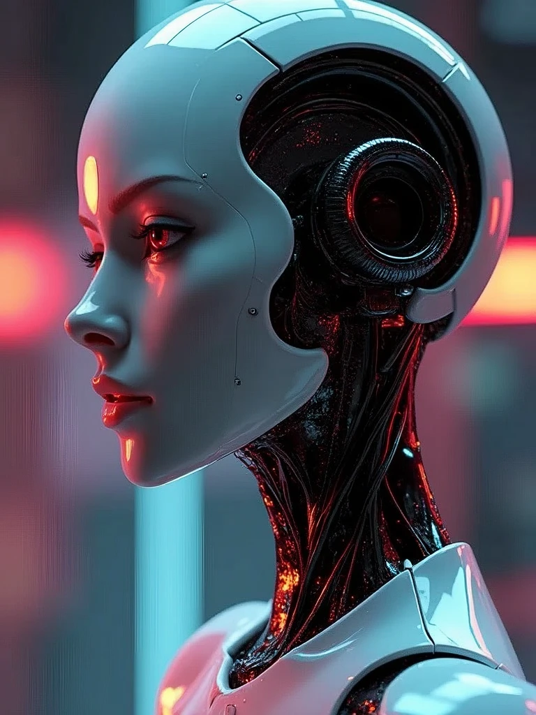 (masterpiece,UHD, photorealistic. Medium full shot.low angle shot )an ultra hot gorgeous android robotic woman. Age 23. Wires.leds.neons. Large breast.