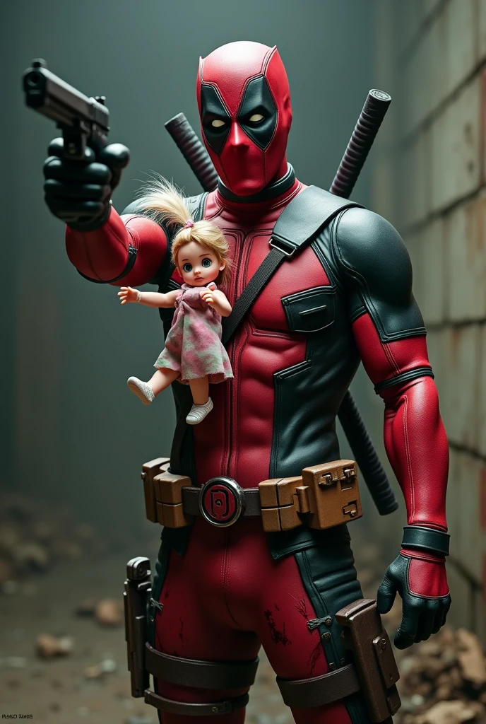 Make the original Deadpool from the Marvel Comics pointing a gun at the screen while his clothes are completely smeared and dirty with blood, but with his other hand he is holding a Fluttershy film doll from My Little Pony, the original design made of film.