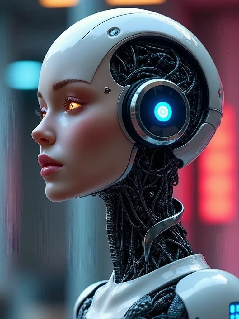(masterpiece,UHD, photorealistic )an ultra hot gorgeous android robotic woman. Age 23. Wires.leds.neons.