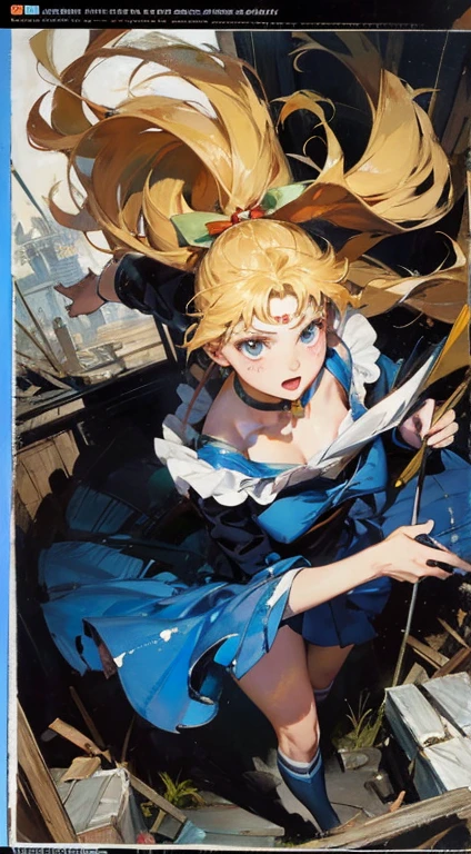 8k,Realistic Skin Texture、Superrealism、Realistic Photo、A futuristic Japanese female soldier stands amongst rubble、Damaged moss green metal armor、Skull mark painted on armor、Painting of the unit and identification number、Peeling paint、Oil stains、Energy Rifle、fighting spirit、Detailed Description、Dynamic pose
Realistic portrait of the protagonist of the anime Sailor Moon (Super detailed,ultra high resolution,detailed background),((2D)),((flat color)),((colorful)),((floating colorful water)),1 girl,alone,looking at the viewer,break masterpiece, Highest quality, Portraiture, One Girl, (Alice in Wonderland:1.2), Blue clothes, White apron, Blonde, blue eyes, Usagi, Trump, Tea cup, White lace thigh high socks, Miniskirt lift, Dynamic pose,Electro Swing