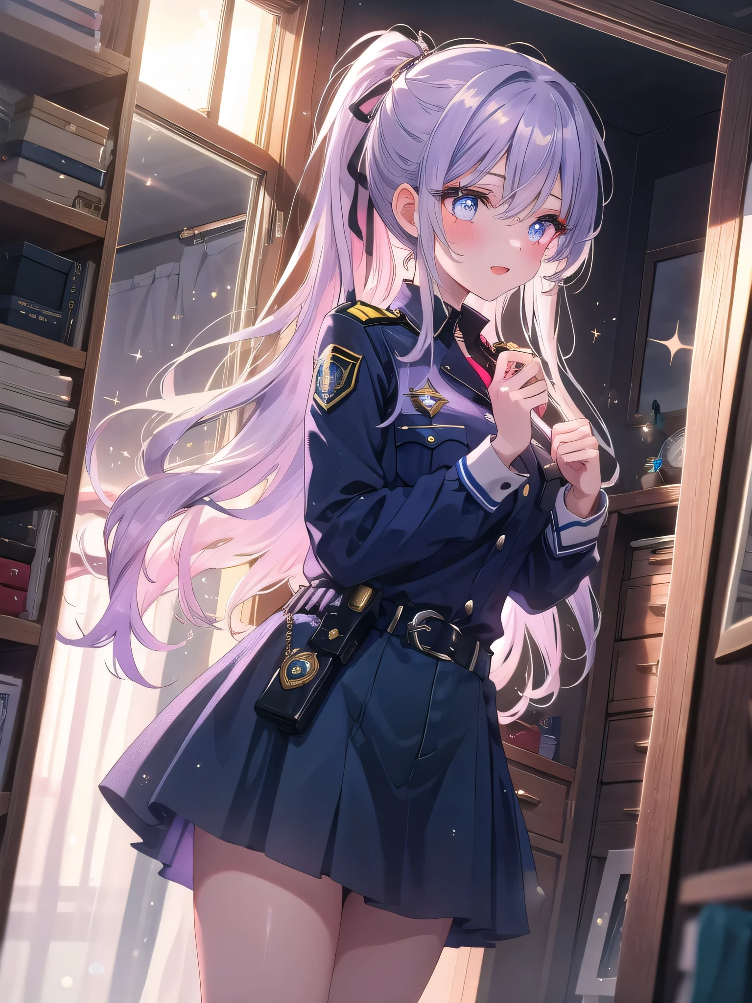 ((8k, Highest quality, masterpiece: 1.3)),Ultra-high resolution,(1 girl, alone), (Color changing eyes, Ultra-detailed, Expressive brilliance, Glitter, Glowing Eyes), Highly detailed eyes, Highly detailed face, Random Hair, ((pastel colour)),A playful young woman with pastel lavender hair styled into a high ponytail, standing near her closet in her stylish bedroom during the late afternoon. She is dressed in a sexy police officer cosplay, wearing a tight navy blue uniform, a badge pinned to her chest, and a pair of handcuffs hanging from her belt. The camera captures her from a side angle as she playfully twirls the handcuffs around her finger, her expression confident and teasing. The room is filled with warm, natural light, with a full-length mirror reflecting her figure, and a few scattered clothes adding to the casual yet seductive atmosphere.