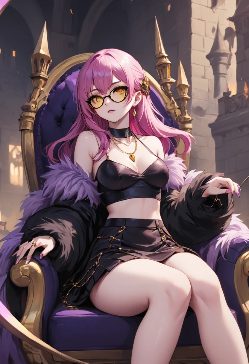 score_9, score_8_up, score_7_up, masterpiece, high quality,  1girl, long hair, pink hair, yellow eyes, makeup, hair over shoulder, fur boa, fur trim, necklace, halterneck, bare shoulders, detached sleeves, midriff, petticoat, golden claws, pink-tinted eyewear, pince-nez, round eyewear, sitting on a purple throne in a castle, dark, torches