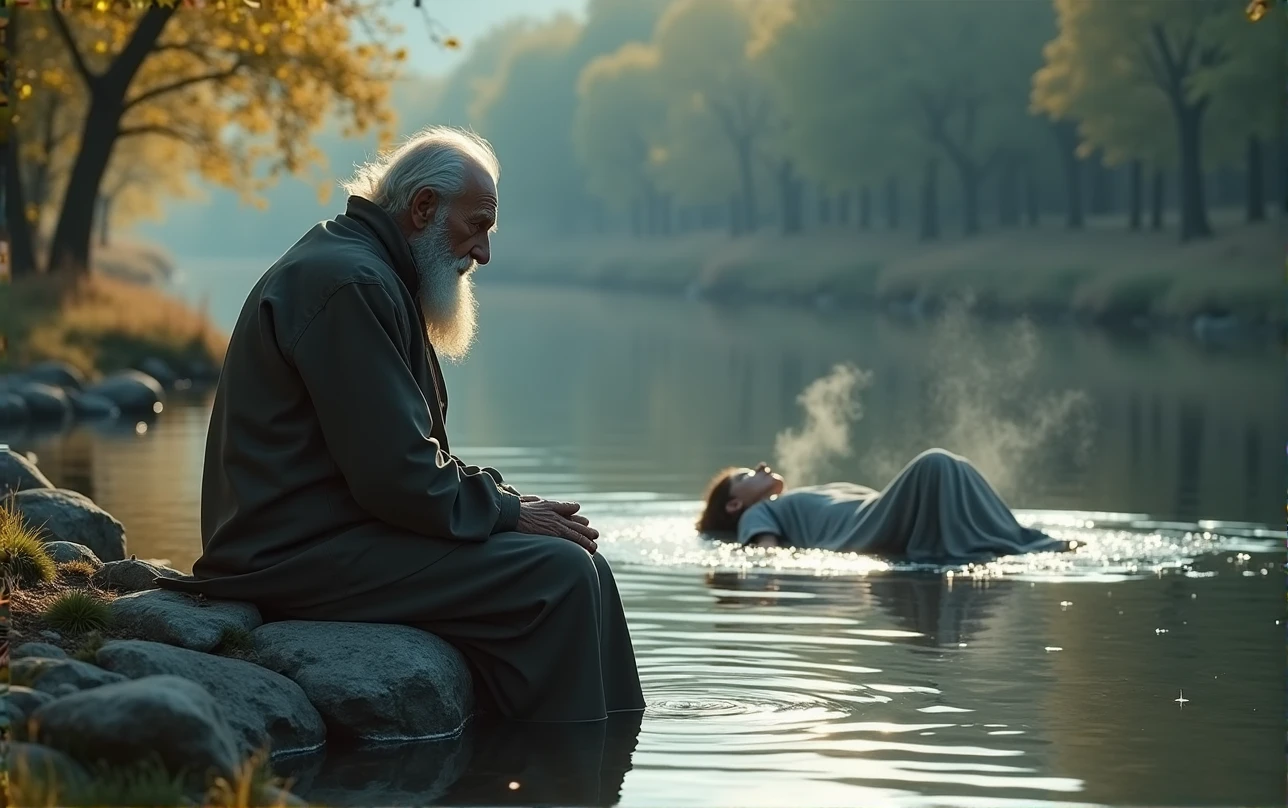 A photorealistic image of a wise old man sitting on a stone near the bank of a river. The old man sees a floating human dead body, passing in the river. Human dead body floating belly down, head underwater. A human body floating face down in a river. Half-submerged lens reveals his ultra-slim deformed by water figure in a grey loose dress. Masterpiece, best quality, 8K, photo realistic, wallpaper, wallpaper 8k, photographic contest winner, Hyperrealistic art cinematic film still photography in the style of detailed hyperrealism photoshoot. [Entire scene is surrounded by lights, evoking a magical and eerie atmosphere. The lighting is bright and atmospheric, with smoke adding a touch of sinister ambiance. Best quality image, HDR enhancement, showcasing the utmost level of detail and realism]. [8K, Best Quality, Ultra High Resolution, (highly detailed CG unity 8k wallpaper), (best photo), (best shadows), isometric 3D, octane rendering, ray tracing, highly detailed, (Best quality, 4K, 8k:1.2), absurdity, ultra detailed, (realistic, photorealistic, photorealistic:1.37), complex parts, HDR, (complex parts:1.12), (hyper detailed, hyper realistic, Soft lighting, spicy:1.2), (complex parts, Hyper detailed:1.15). Blurred foreground. (backlit), masterpiece, high quality, brightness, chromatic aberration, foggy smoke, shadows, contrast, clear sky, (warm hue, warm tone), high details, natural reflections].