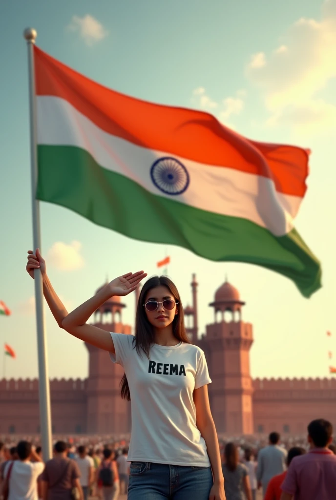 A woman holding the Indian flag proudly in one hand, standing in front of the Red Fort. On the side, the name 'Aliya' is written in large, transparent letters, creating a patriotic and vibrant 3D scene ultra realistic photography hd 32K