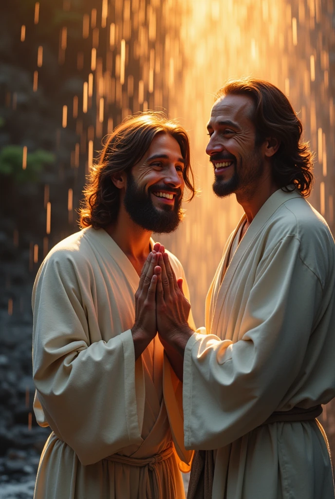 Viewed diagonally from above. Jesus Christ and a Japanese man are practicing waterfall training. They hit the waterfall. they join hands in prayer. They smile happily with wise and benevolent faces. they are shining. Surrounded by rainbow-colored light. Twilight gradation. Sunset. Jesus of Nazareth is depicted as a gentle, gentle man with shoulder-length hair. His wavy brown hair flows over his shoulders. His captivating hazel eyes convey deep wisdom and empathy, radiating warmth and understanding. The other man is depicted as a kind-hearted Japanese man with a Buddha-like shaved head and a calm and cheerful expression. The captivating dark eyes of Japanese men convey deep wisdom and empathy, radiating warmth and understanding. Photography, close-up, highly detailed, trending at the art station, sharp focus, studio shot, intricate details, Greg Rutkowski,