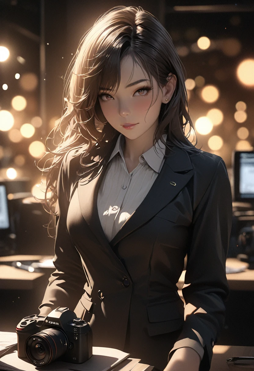 Top quality, masterpiece, 1 girl, Pretty Face, (Realistic photos:1.3), Edge lighting, (High Detail Skin:1.2), 8k超HD, SLR camera, high quality, HD, 4K, 8K, Bokeh, (real: 1.3), Small face, Cute girl, Black Formal Blazer, Medium chest, Short skirt,office