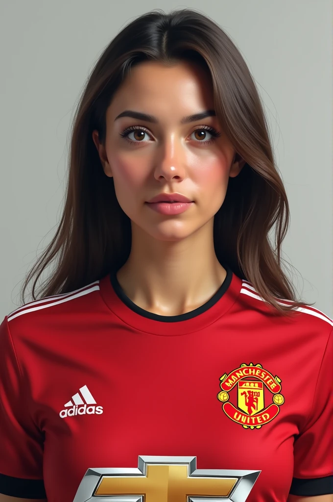 A  realistic portrait of a woman wearing Manchester United jersey