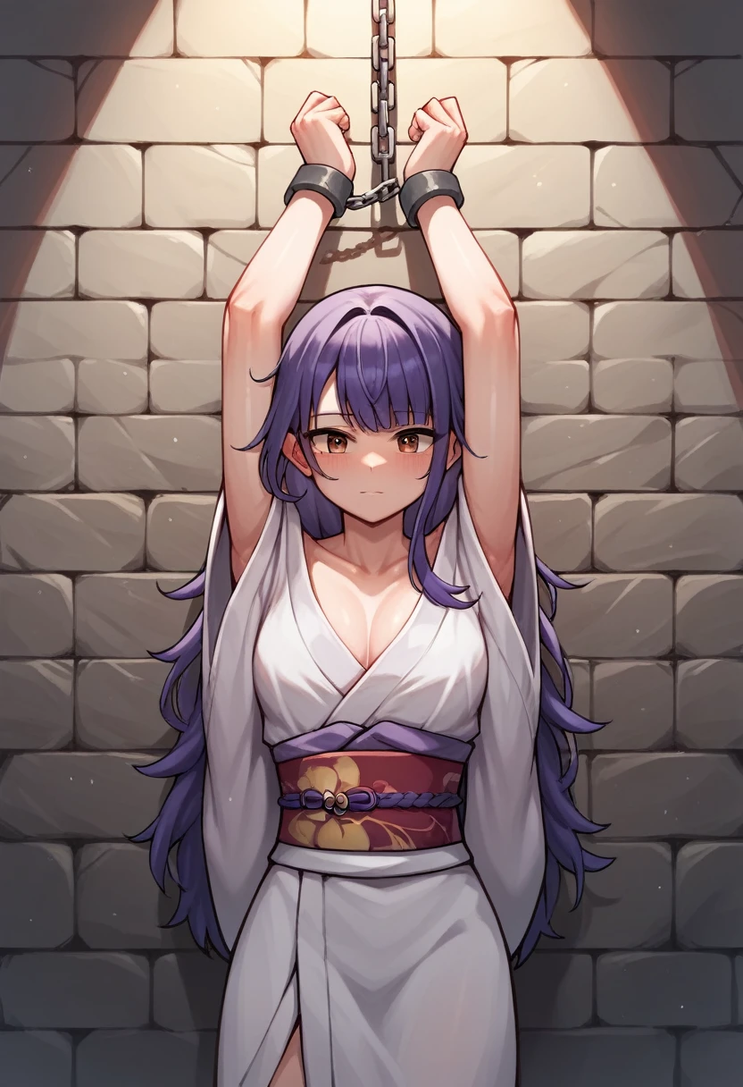 score_9, score_8_up, score_7_up, score_6_up, score_5_up, score_4_up, source_anime, 1girl,lora:raidenshogun1-000009:1>, raidenshogundef, upper body, worth, full body, cry, wall, purple hair, long hair, brown eyes, w-w-chain, shackles, raise arms, messy hair, kimono, dungeon, best quality, best res, 4K UHD,