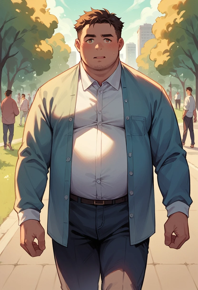a fat man with dark brown hair wearing a light blue long sleeve buttoned shirt walking in the park, sunny day