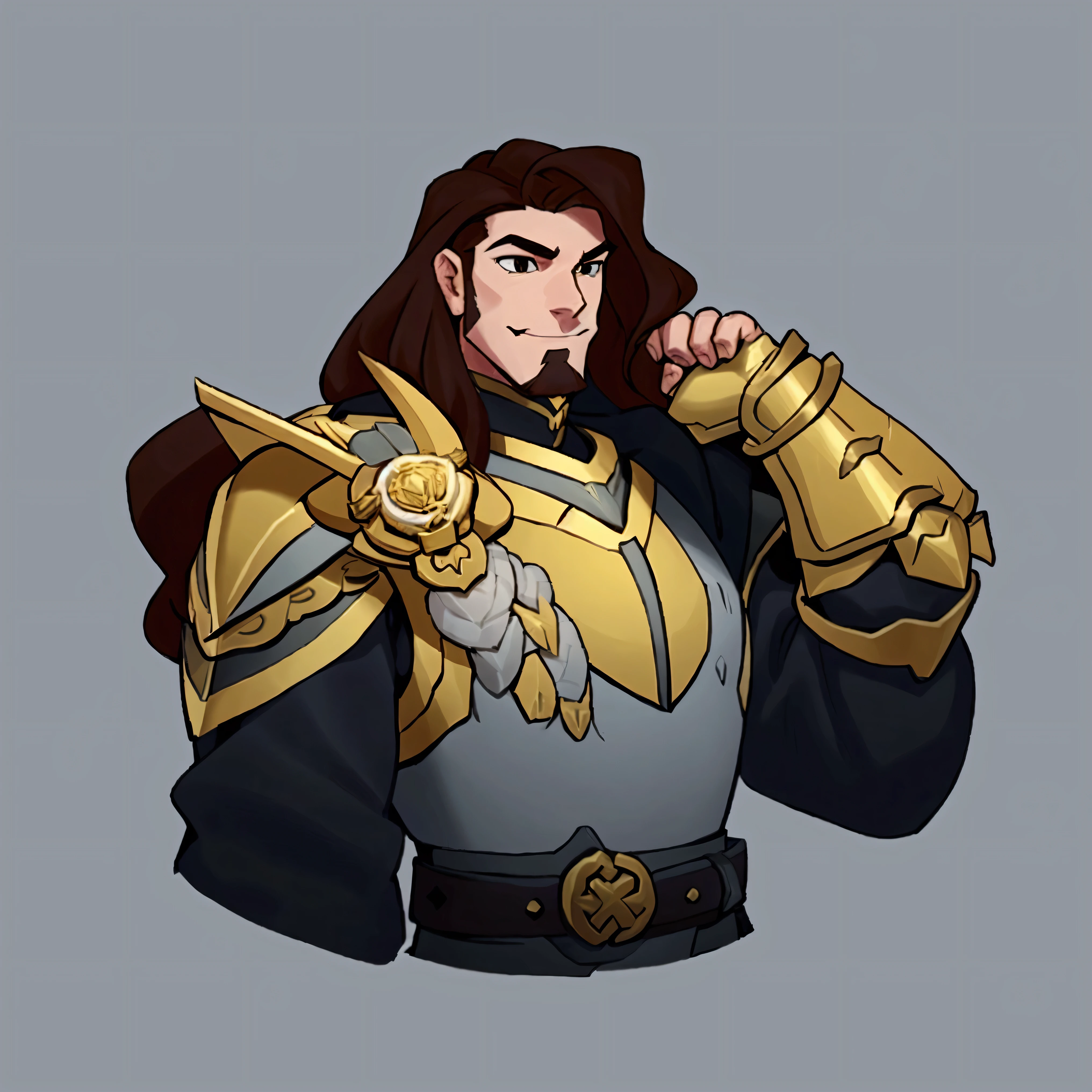 concept art, European and American comics, game character design, 1boy, solo, Male-centric, Only a beard, no mustache, dark brown hair, Her long brown hair flows down the front of her chest, covering her chest., He has a sharp face and a gentle smile., The armor is made of a shiny grey material., There is gold decoration on each edge of the clothes., Wear large shoulder pads, Wearing a wrist guard, This is a set design with arm guard armor., A belt passes through the armor carrying a sword on the back., Small but round eyes, black eyes, A smile that reveals and shows the teeth,