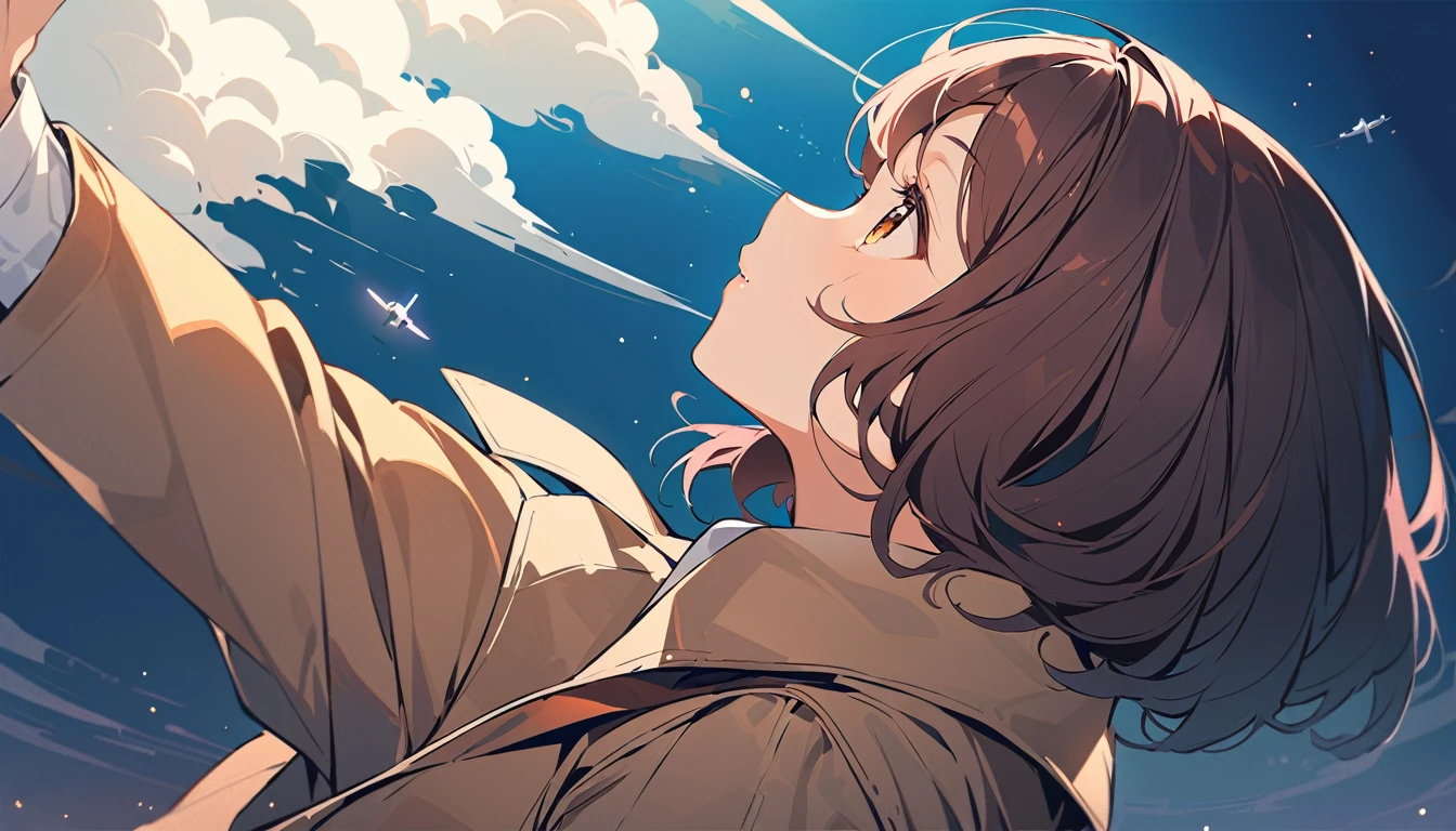 A girl with brown wavy bob hair wearing a trench coat。 Looking up at an airplane from afar。cute。