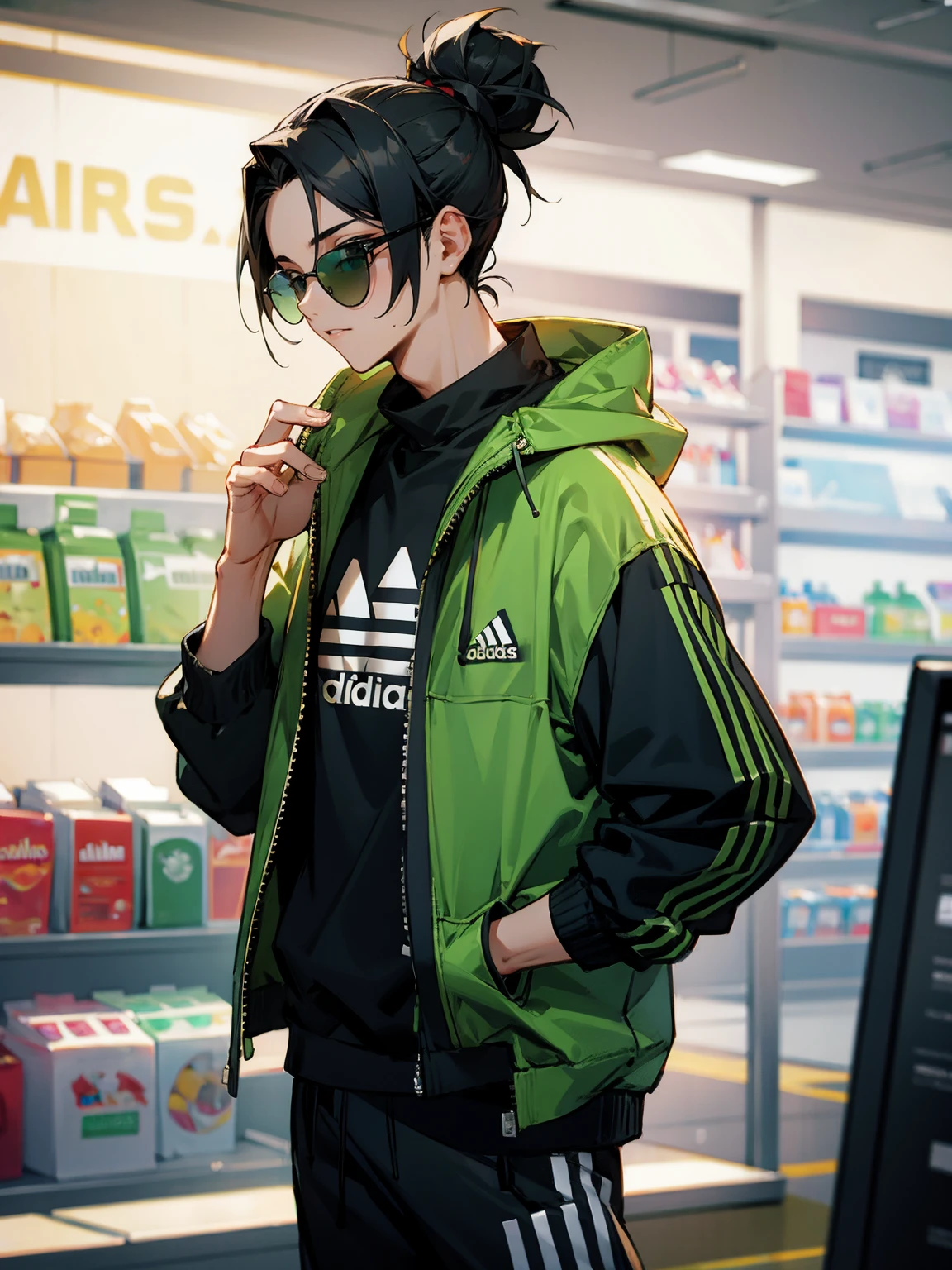 1male, hawaiian hair, black hair, top knot hair, green eyes, adidas jacket, black sweatshirt, adidas sweatpants, chain, convenience store, sunglasses