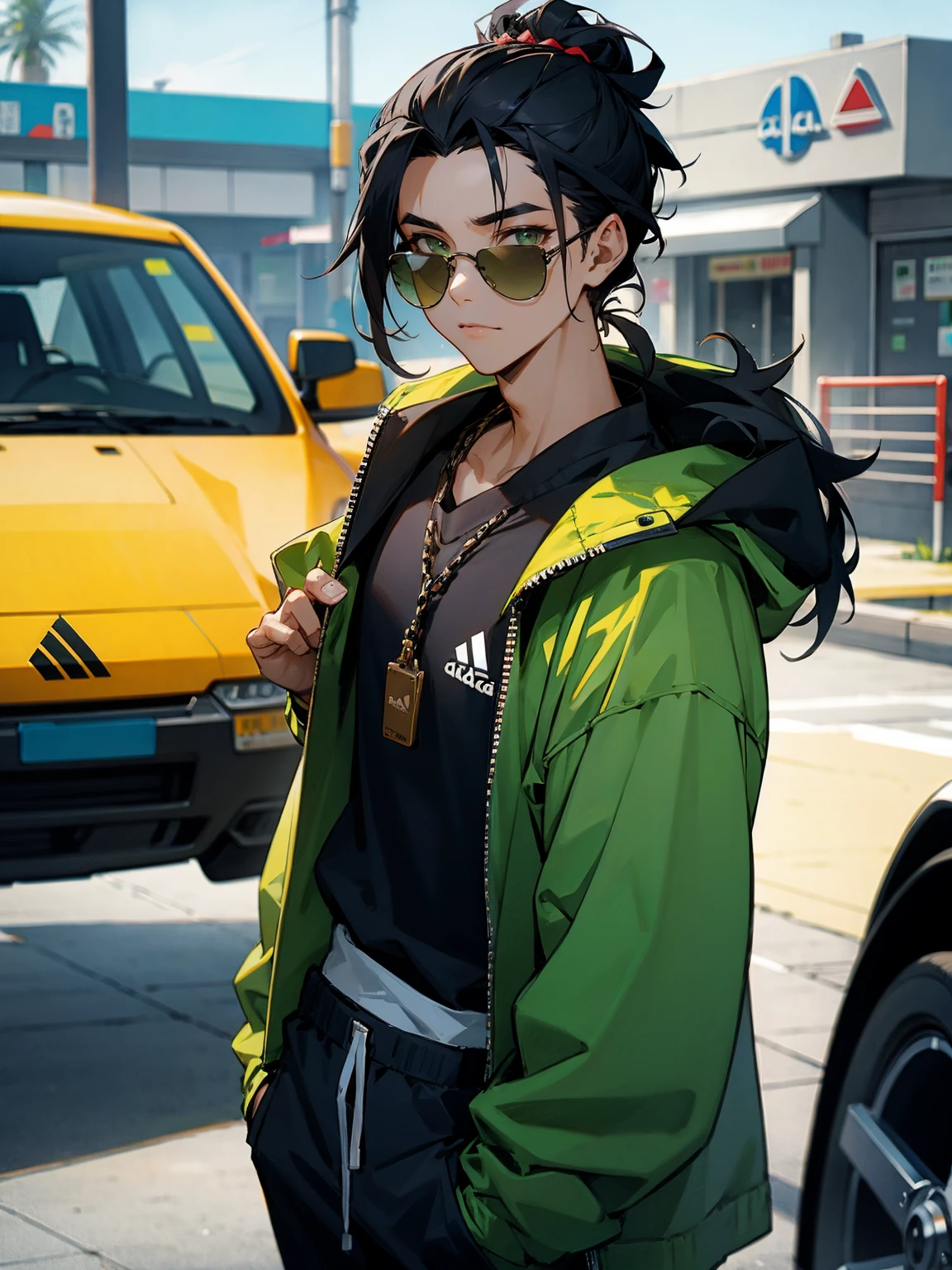 1male, hawaiian hair, black hair, top knot hair, green eyes, adidas jacket, black sweatshirt, adidas sweatpants, chain, convenience store, sunglasses