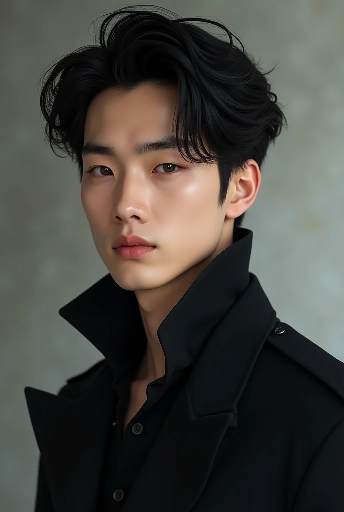 Man, 24 year old aged, black hair, black eyes, really handsome, asian with pale skin, intelligent, similar to Koo Junhoe