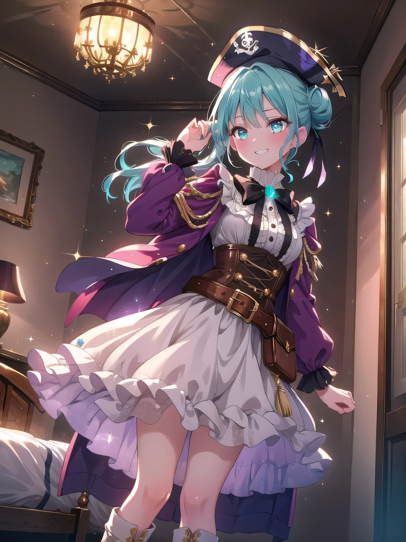 ((8k, Highest quality, masterpiece: 1.3)),Ultra-high resolution,(1 girl, alone), (Color changing eyes, Ultra-detailed, Expressive brilliance, Glitter, Glowing Eyes), Highly detailed eyes, Highly detailed face, Random Hair, ((pastel colour)),A playful young woman with pastel teal hair styled into a messy bun, standing by her dresser in her softly lit bedroom during the early hours of the night. She is dressed in a sexy pirate cosplay, wearing a white blouse with a deep neckline, a corset belt, a short skirt, and a pair of knee-high boots. The camera captures her from a low angle as she adjusts her tricorn hat with a cheeky grin, her expression adventurous and flirtatious. The room is filled with warm, ambient lighting, with a treasure chest at the foot of the bed, a map pinned to the wall, and a few scattered gold coins adding to the swashbuckling yet seductive atmosphere.
