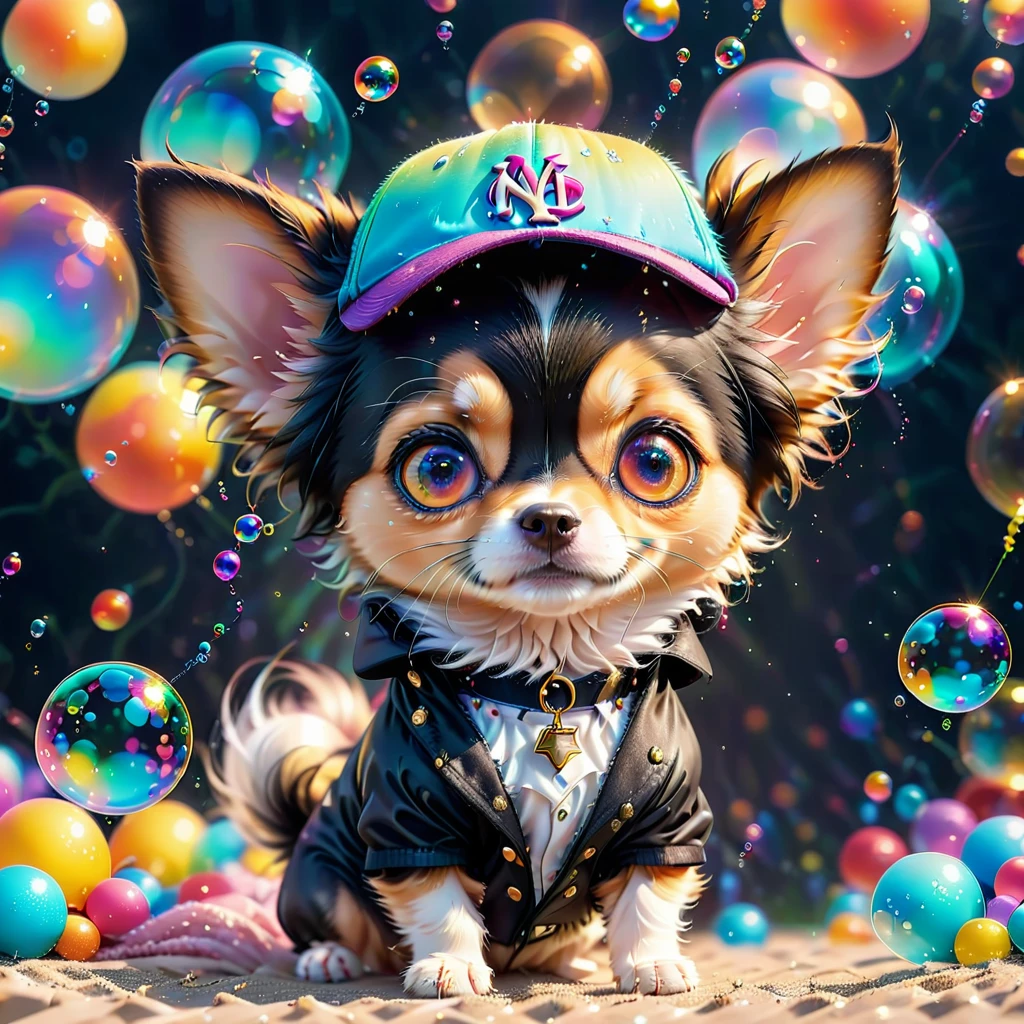 Highest quality、4K wallpaper、masterpiece、8k resolution，Long Coat Chihuahua，1:1匹のLong Coat Chihuahua，（ puppy，party color，fluffy fur，whole body，#cda16f，擬人化されたLong Coat Chihuahua）
Pop clothes，Baseball hats，），Super delicate eyes，Very fine particles、very delicate black hair，Very detailed、Intricate details、Great background，Magical Aura，Delicate and vivid patterns，Surreal elements，Background of slowly moving colorful bubbles，