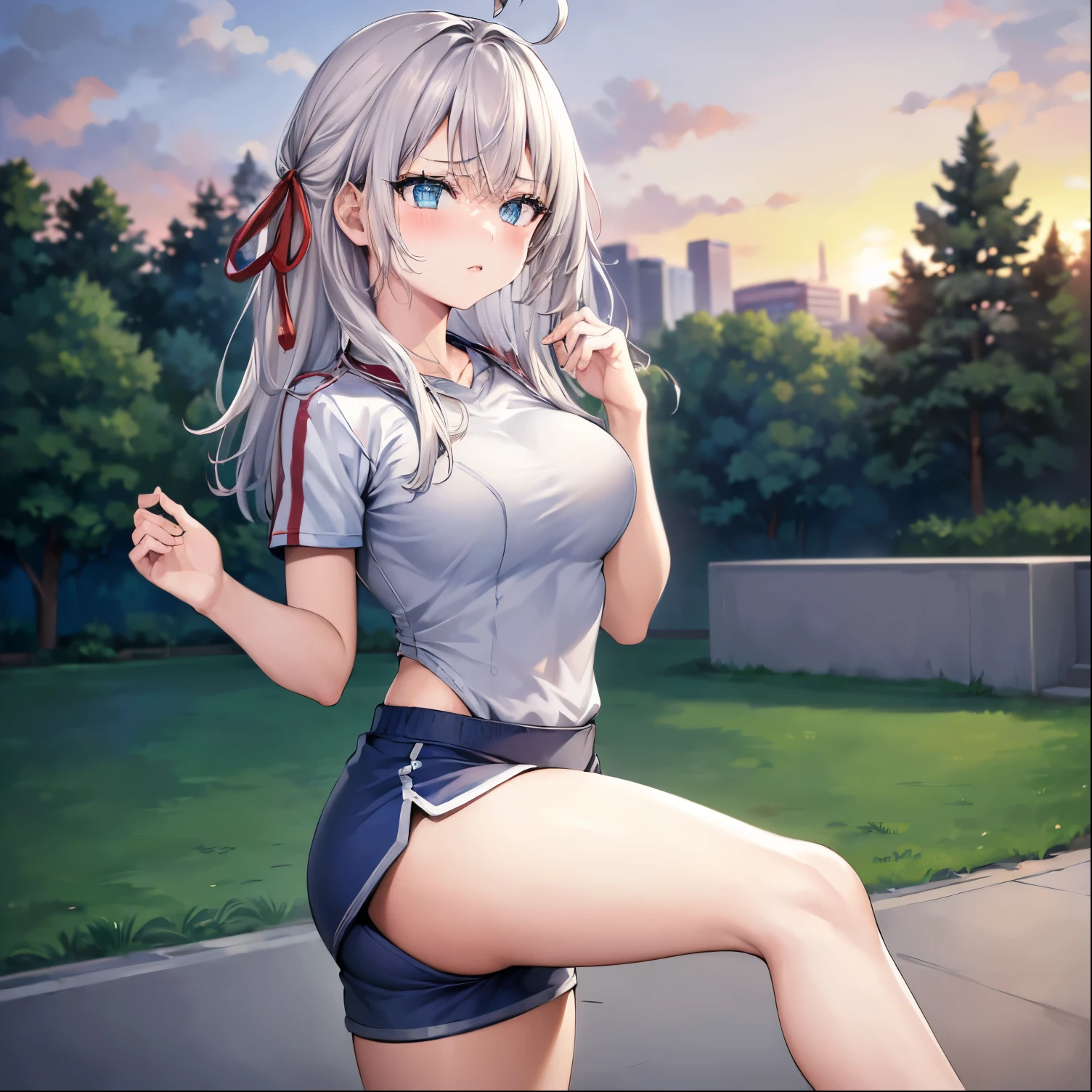 ((1girl)),((alone)),Alisa Mikhailovna,(masterpiece), (best quality), (ultra detailed), (best illustration), (best shadow), (absurdities), sharp focus, cowboy shot ,atmospheric perspective, depth of field, dynamic posture looking at the viewer, large breasts, narrow waist, wide hips, wide thighs, round butt, erotic, romantic, (very detailed eyes, lips 1.1), very detailed eyes, eyes, very face detailed, very beautiful face, full height, beautiful slim figure, femininity, expressive appearance, elastic big breasts, sexuality, hair, white hair, gray hair, long hair, bangs, hair between the eyes, blue eyes, hair band, red ribbon,((gymnastics uniform:1.4)),((white shirt:1.4)), short sleeve, bare arms,((gymnastics shirt)), ((blue shorts:1.4)), bare legs, ( (red sneakers)), curves, defined body, Perfect and beautiful body, perfect and beautiful, closed mouth, serious expression, blushing, (sexy pose: 1.2), ((solo)), standing: 1.3,(( outdoor: 1.5, cityscape: 1.5, running track: 1.5, Japanese school: 1.5, trees: 1.3, sunset: 1.4, clear sky: 1.4)), looking forward, ((focus on hips)), point of view: (from middle), perfect anatomy, perfect hands