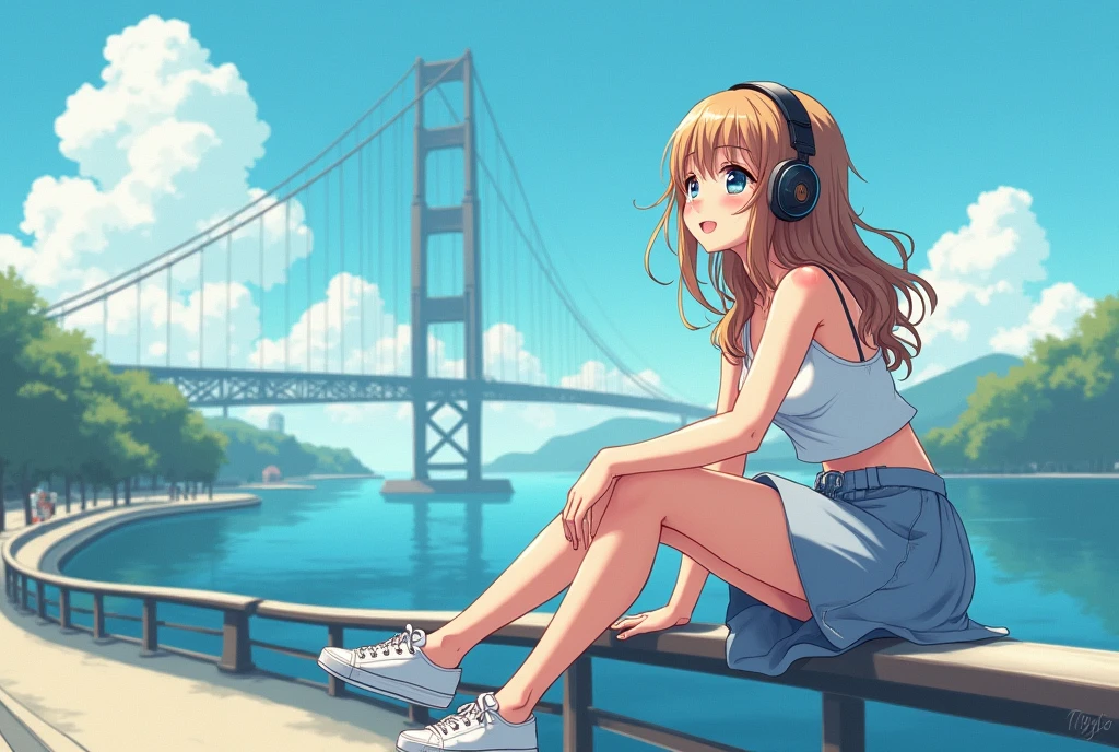 A beautiful anime,cute woman,with headphones,on bridge, daytime, beautiful scenery, joyful, happy, skirt and top sexy,, with white sneakers, looking another side,oil painting,long image fit in wallpaper HD,no blur face,no error, enjoying view sitting, different dress colour 