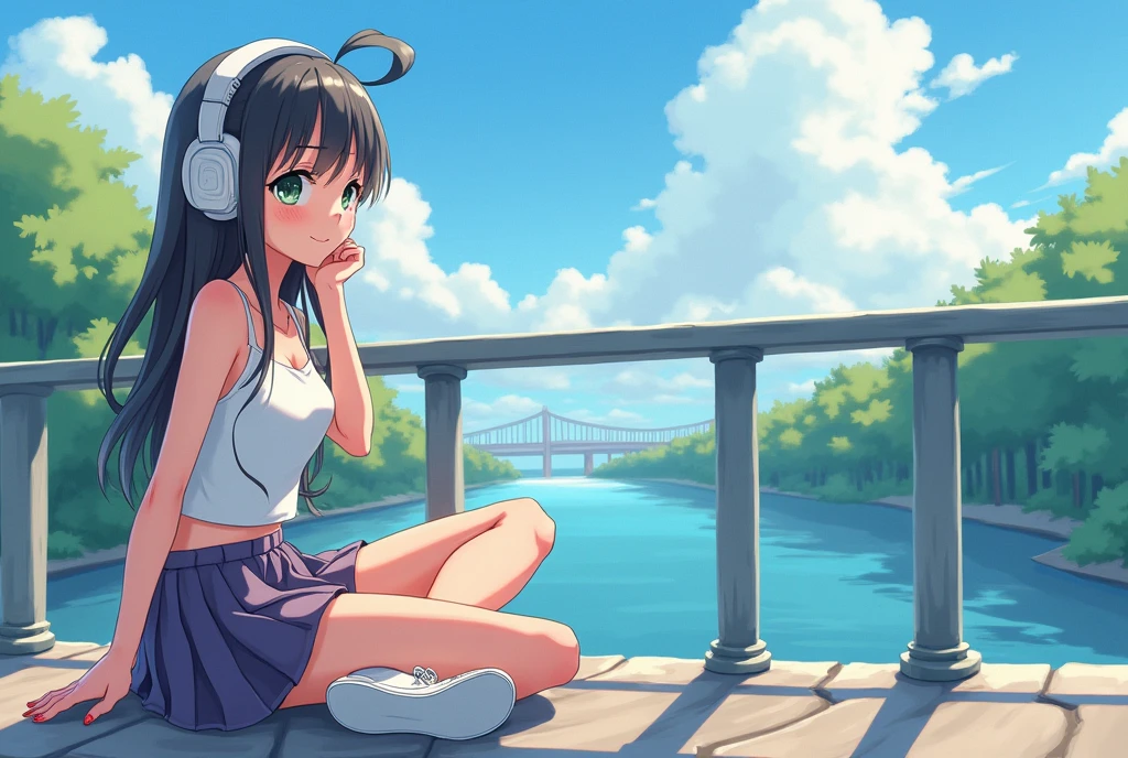 A beautiful anime,cute woman,with headphones,on bridge, daytime, beautiful scenery, joyful, happy, skirt and top sexy,, with white sneakers, looking another side,oil painting,long image fit in wallpaper HD,no blur face,no error, enjoying view sitting, different dress colour