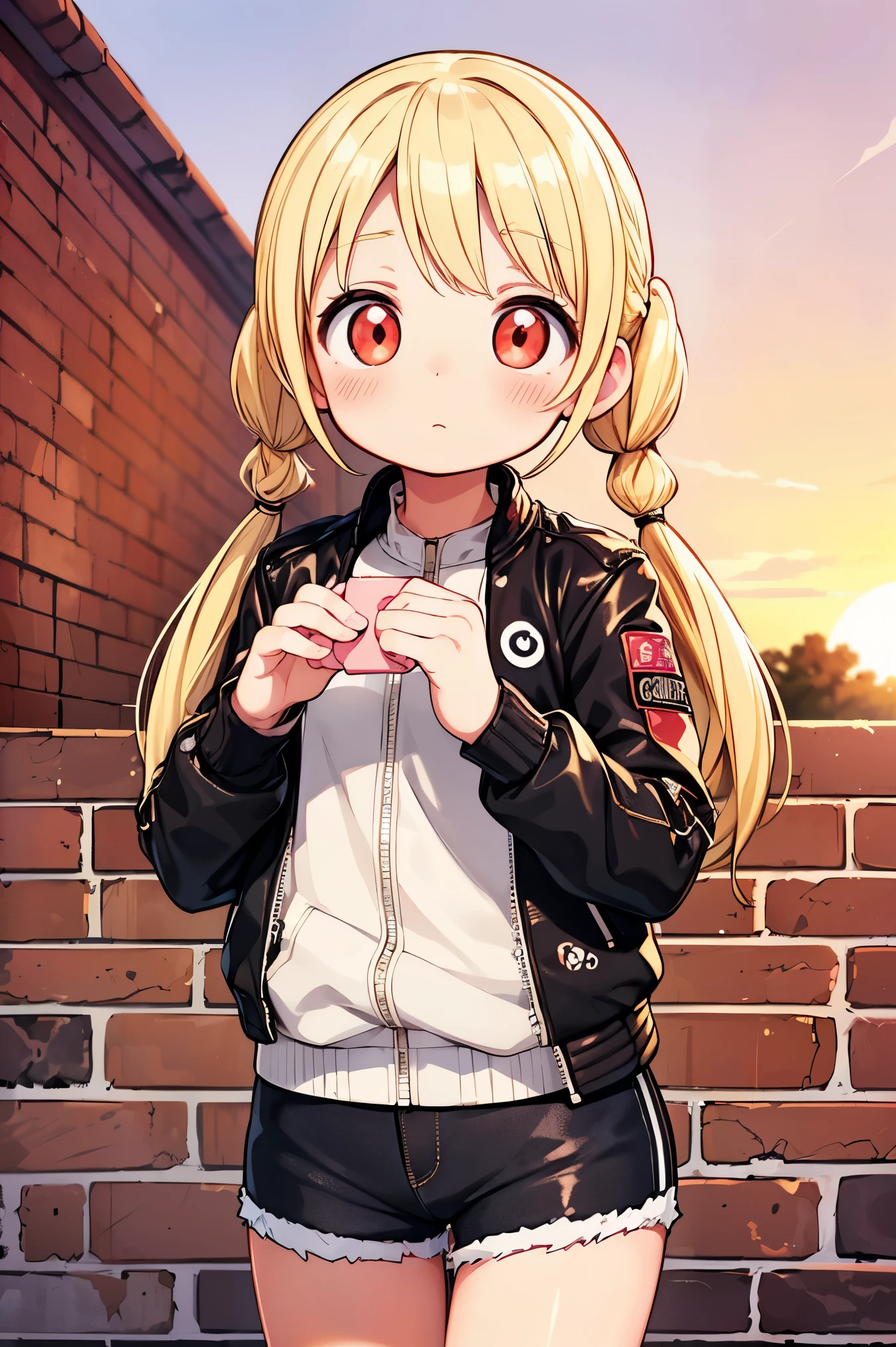 Beautiful illustration, best quality, cute girl, ((Brickwall as background)), pastel color, natural tones, ((Sunset)), ((Blonde pigtails)), ((Red eyes)), ((Looking at viewer)), ((Slim body)), ((Biker Jacket)), ((Shorts)), ((Akanbe)), (Blush), bright lighting, ((Big eyes)), ((Perfect hands))