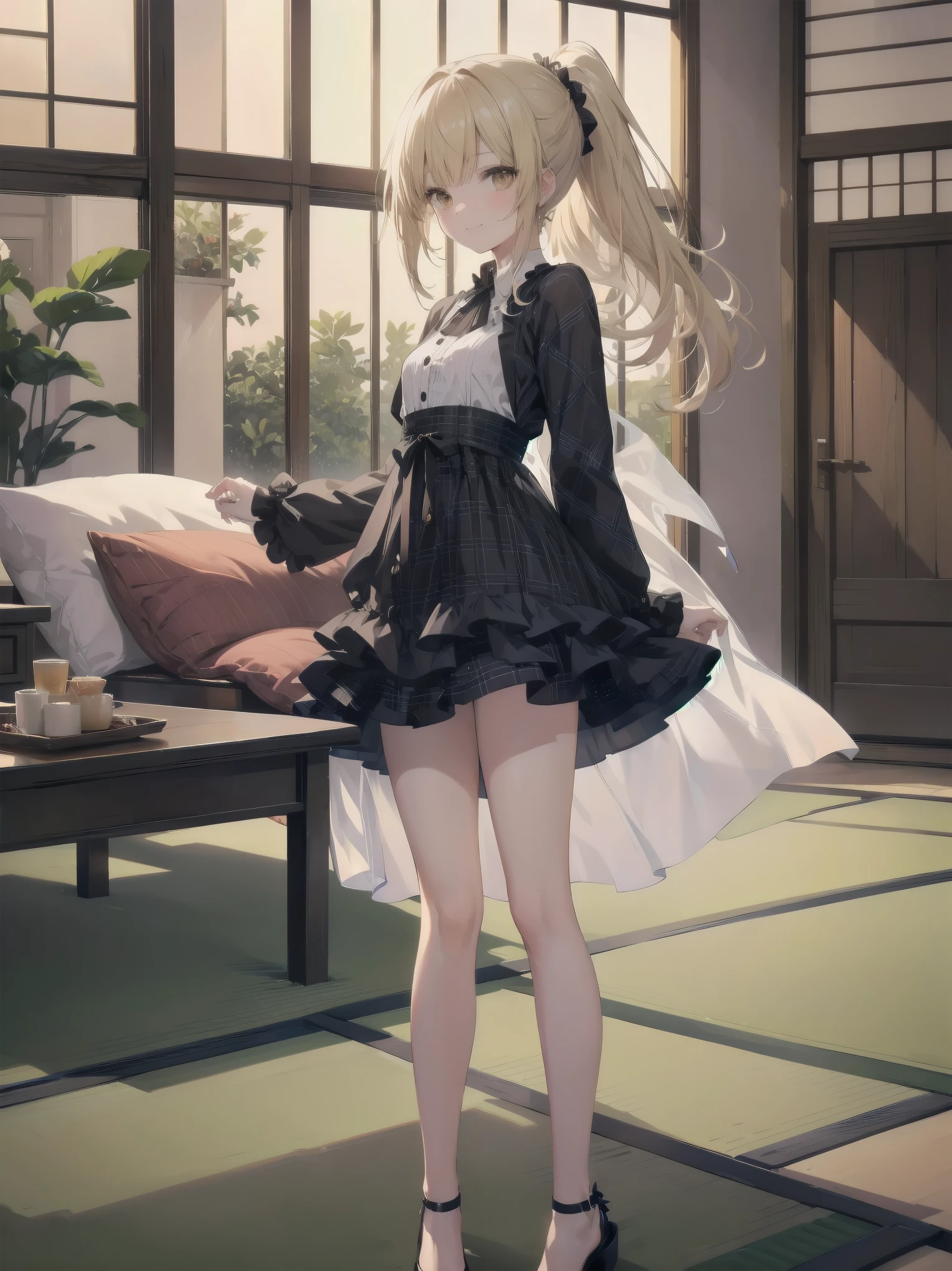 (Masterpiece: 1.3), (Best Quality: 1.2), close-up of one beautiful girl, super hyper-detailed illustration,
BREAK
(Body type: slender, small breasts, naturally charismatic)
BREAK
(Face: outstanding looks, mature beauty, golden brown eyes)
BREAK
(Hairstyle: ponytail, long hair with a smooth texture, layered lightly around the face, ends at chest level, blonde hair)
BREAK
(Fashion: plaid printed splicing dress with vintage long sleeves, modest and stylish)
BREAK
(Pose: bending forward, arms behind her back, bright and inviting smile, silky hair)
BREAK
(Background: cozy, natural interior with wooden features and green tones, 7 tatami mat room with a cosmetic table, bed, futon, cushion, chair, and accessories)
