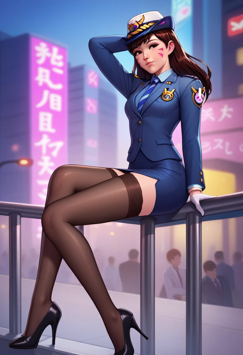 score_9, score_8_up, score_7_up, 1girl, solo focus, officerdva, d.va (overwatch), white gloves, high waisted skirt, bodycon pencil skirt, stockings,  pink whiskers, sitting on police cruiser, city downtown, long sleeves, high heels, (((blazer))), (((suit jacket))), epaulettes, formal, skirt suit