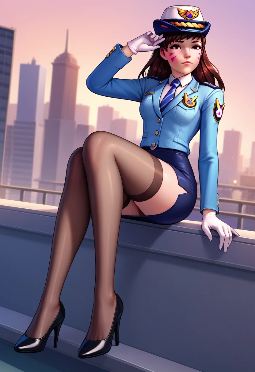 score_9, score_8_up, score_7_up, 1girl, solo focus, officerdva, d.va (overwatch), white gloves, high waisted skirt, bodycon pencil skirt, stockings,  pink whiskers, sitting on police cruiser, city downtown, long sleeves, high heels, (((blazer))), (((suit jacket))), epaulettes, formal, skirt suit