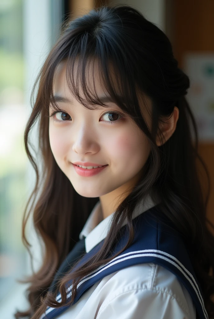 Highest quality, Face Focus, Soft Light, Ultra-high resolution, (Realistic:1.4), RAW Photos, 1 Japanese girl, alone, cute, (pupil, Light in your eyes), Beautiful face in every detail, (Small box),(High resolution detail of human skin texture), (Medium-long hair型), indoor, High School Uniform, (Portraiture),微笑みHighest quality, Face Focus, Soft Light, Ultra-high resolution, (Realistic:1.4), RAW Photos, 1 Japanese girl, alone, cute, (pupil, light in your eyes), Beautiful face in every detail, (Small Box),(High resolution detail of human skin texture), (Medium-long hair),Outdoor , High School Uniform, (Portraiture),smile