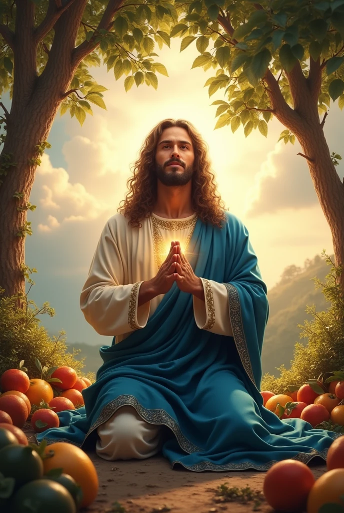 (photorealism:1.2), handsome Jesus Christ, praying kneel under the trees that full of clouds and sorrounded of many fruits, wearing blue king clothes with light in his head and heart spreading all over, perfect five finger, long curly hair, outdoors, soft lighting, clouds in background, beautiful sunlight, perfect paradise and clouds, relaxed pose, realistic, intricate details, warm colors, 