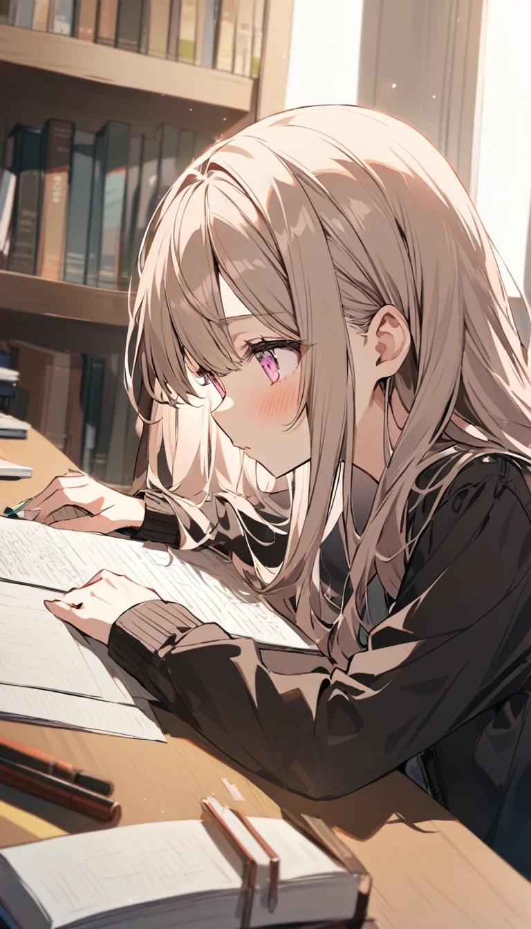 good looking, Alone, 1 female, Long Hair, Light brown hair, Pink highlights on the tip,Pale pink eyes,Library Background,study,homework,homeworkが終わらなくて困っている,shout