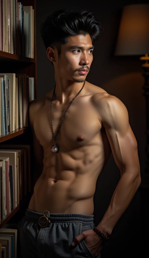 nsfw, best quality, masterpiece, extremely detailed, masculine, sexy, homoerotic, extremely handsome, 25 year old borneo man, square face with chubby cheeks, muscular bodybuilder, cheeky smile, fitted clothes, rose quartz crystal pendant, bead bracelet, back leaning against bookshelf, unbuttoned pants, exposed underwear waistband, in library, side view, afterhours, at midnight, cinematic shadows, dreamy atmosphere, perfect face, perfect fingers, perfect hands, perfection