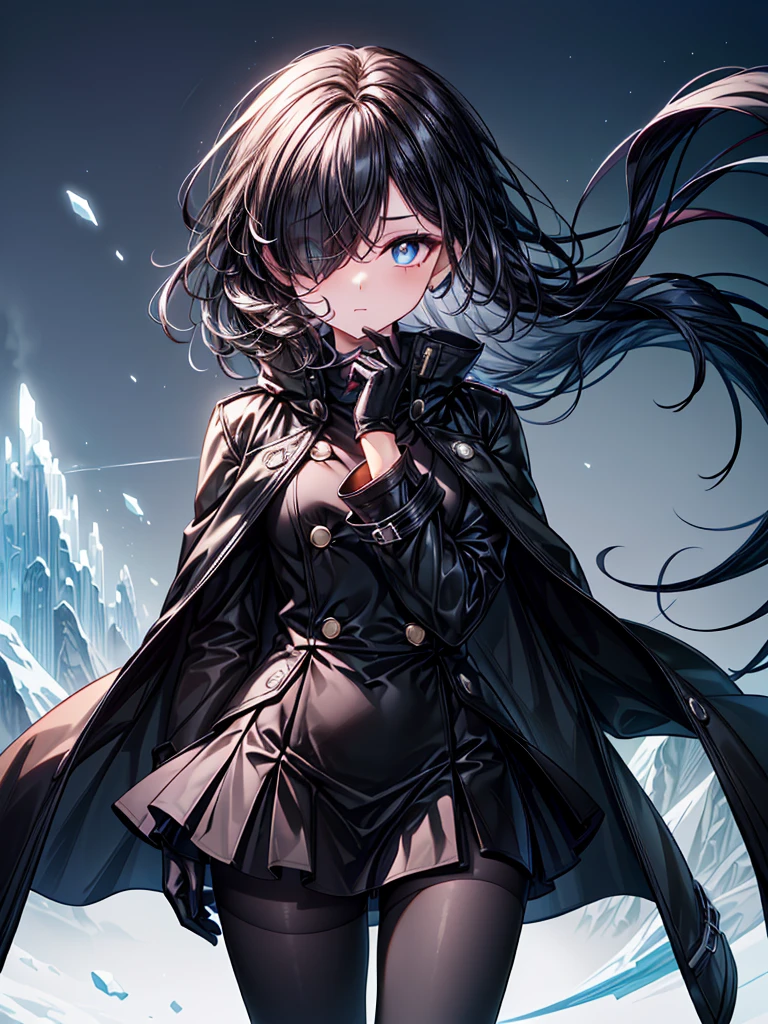 ((Oriental Project)),((Celestial Glacier)),((masterpiece)),((Highest quality)),((black micro mini length skirt)),((face waiting for kiss)),((alone)),((Deep blue pupils)),((sparkling eyes)),(Beautiful Blue Eyes),((Wearing a black coat)),(((Wearing black tights))),(Slim body),((length, Shiny black hair)),((Her left eye is completely hidden by her bangs)),((Her hair is parted, and you can see her eyes through it)),((Wearing black gloves)),((hair over one eye,long hair)),((Complex background)),((Hair blowing in the wind))