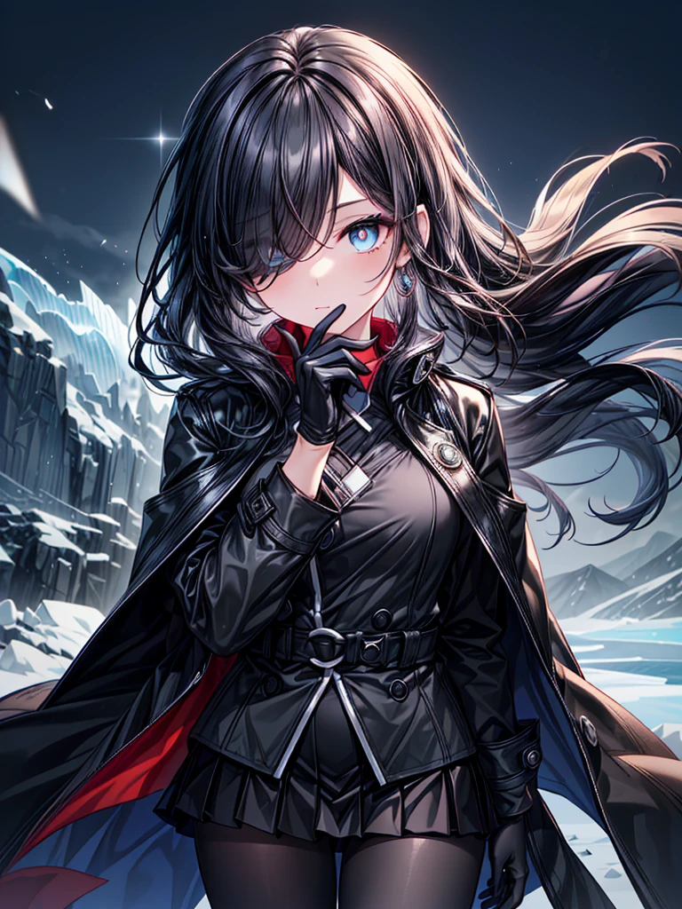 ((Oriental Project)),((Celestial Glacier)),((masterpiece)),((Highest quality)),((black micro mini length skirt)),((face waiting for kiss)),((alone)),((Deep blue pupils)),((sparkling eyes)),(Beautiful Blue Eyes),((Wearing a black coat)),(((Wearing black tights))),(Slim body),((length, Shiny black hair)),((Her left eye is completely hidden by her bangs)),((Her hair is parted, and you can see her eyes through it)),((Wearing black gloves)),((hair over one eye,long hair)),((Complex background)),((Hair blowing in the wind))