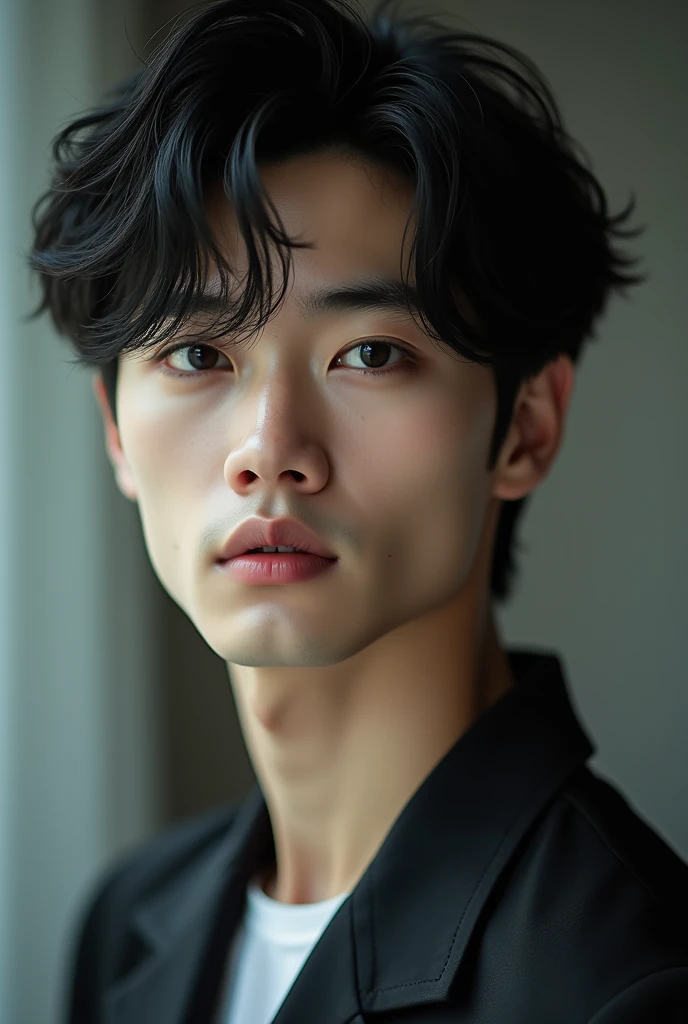 Man, 24 year old aged, black hair, black eyes, really handsome, asian with pale skin, intelligent, similar to Koo Junhoe